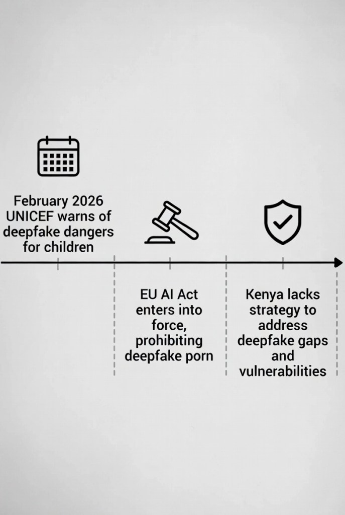 Simple timeline showing UNICEF warning (Feb 2026) → EU AI Act deepfake bans → Kenya’s strategy gaps