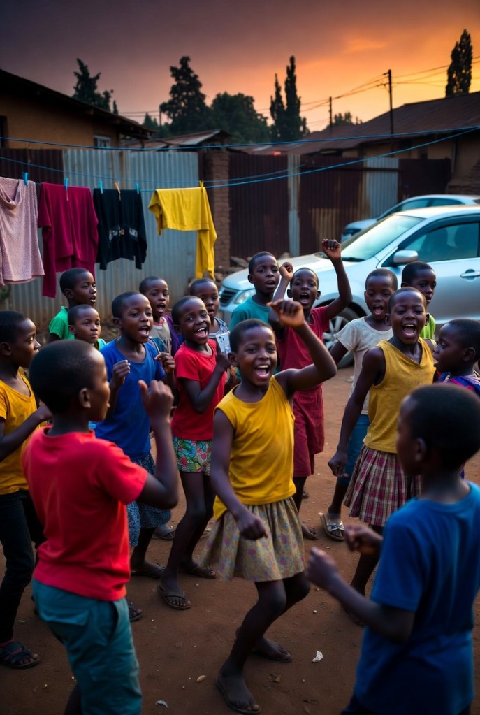 Nairobi children in an estate compound practising TikTok dances together, phones on the ground, evening light, sense of play and friendship.