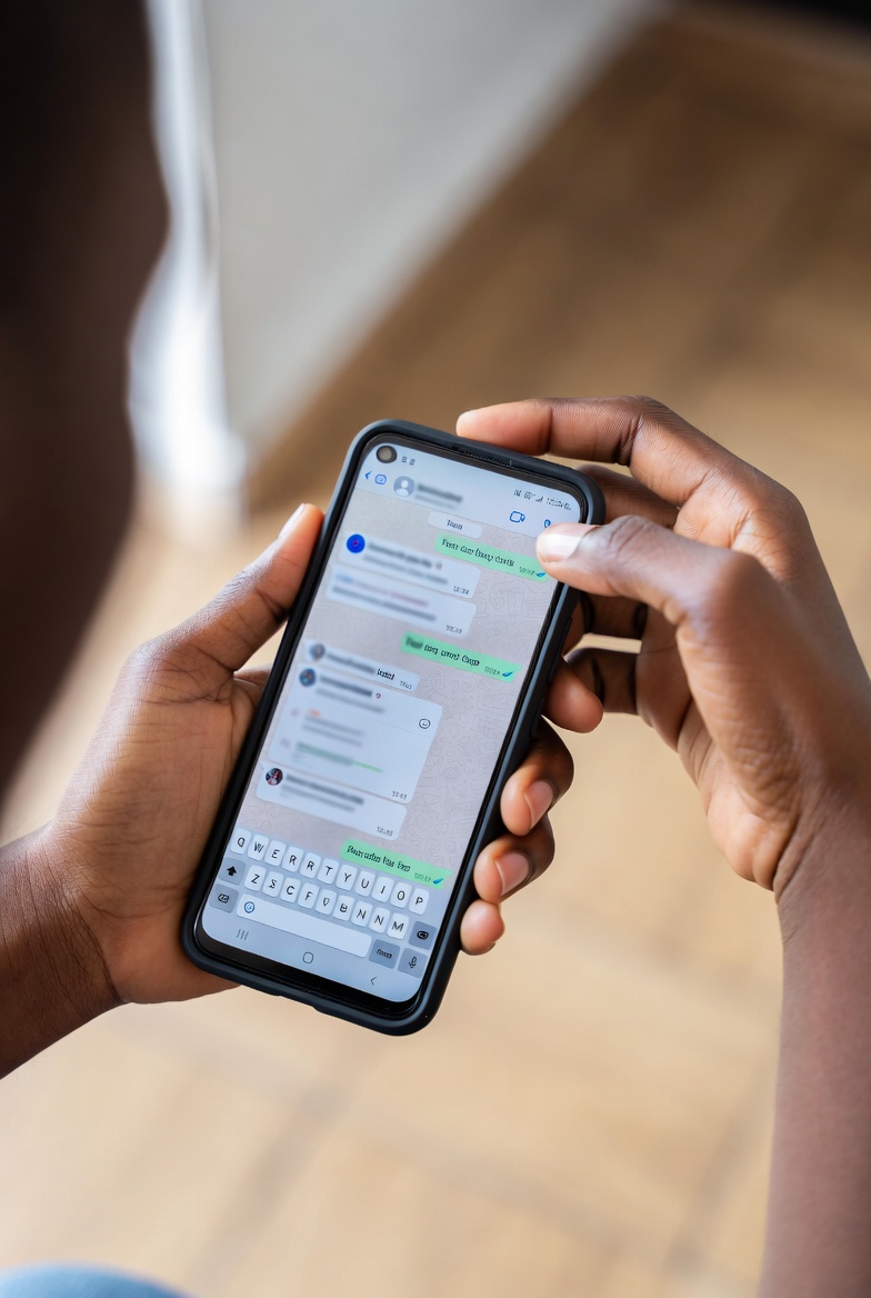 Kenyan teenager’s hands holding a phone with blurred WhatsApp chat screen