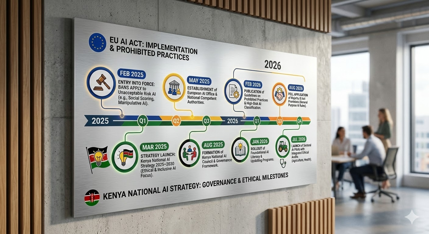 A professional timeline infographic comparing the EU AI Act’s prohibited practices milestones with Kenya’s National AI Strategy governance milestones from February 2025 to August 2026.