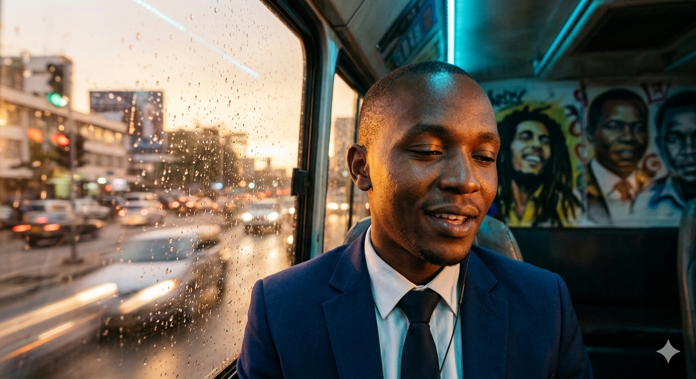 a young Kenyan man in a sharp navy suit and tie seated by the window, eyes half-closed, mouth slightly open as he silently mouths lyrics to the music, warm golden sunset light streaming across his face, blurred city streets and traffic visible outside the rain-streaked window, colourful graffiti art of cultural icons faintly visible on the interior walls, blue LED strip lighting casting soft cyan glow, sense of quiet personal joy amid the crowded commute.