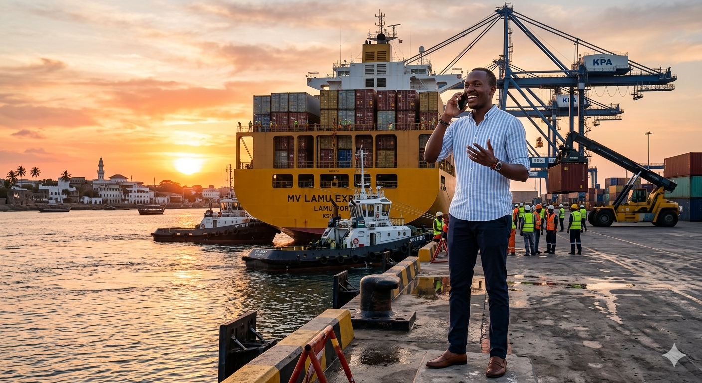 Young Kenyan logistics entrepreneur on phone at Lamu Port with ship in background.