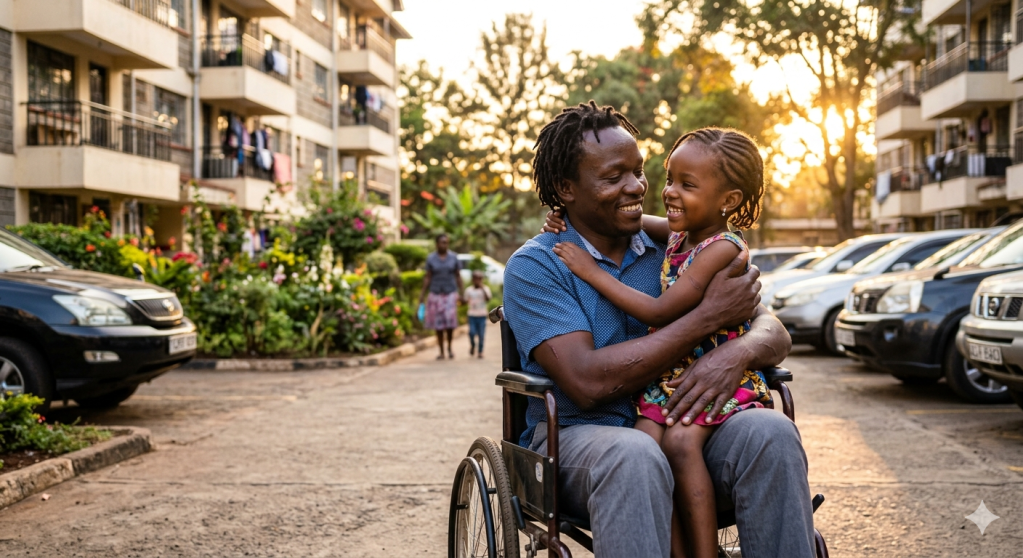 Kenyan disabled father in a wheelchair holding his young child in a Nairobi estate compound at golden hour, warm light, joyful moment