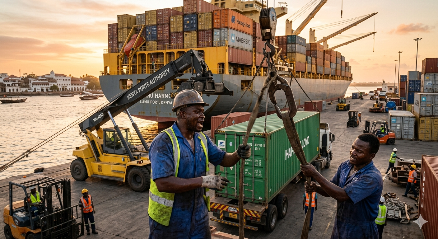 Dock workers at Lamu Port unloading cargo from diverted ship.