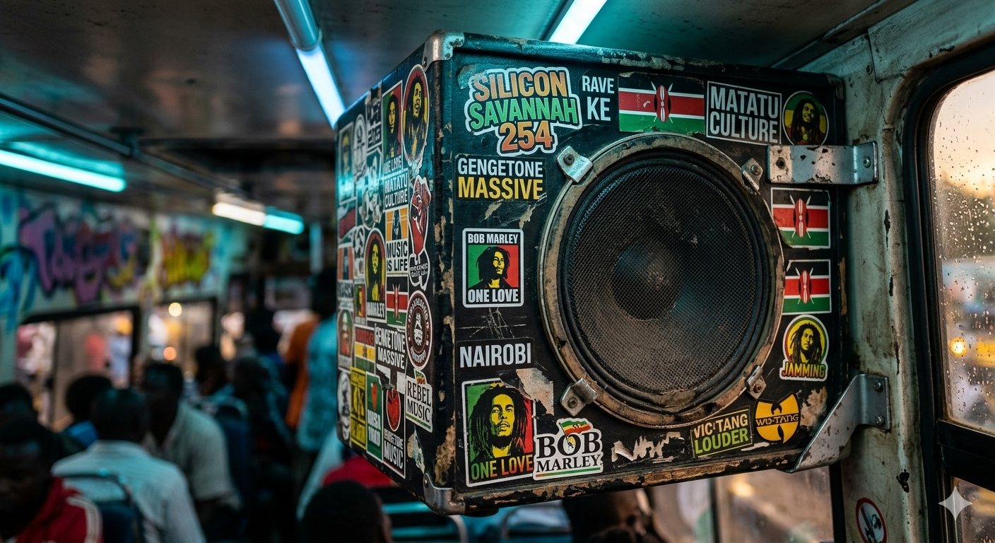Ultra-realistic close-up of a large black matatu speaker system mounted near the driver in a Nairobi matatu in 2026, covered in bright colourful stickers (graffiti-style slogans, music logos, Kenyan flag motifs), visible scratches, dust, and worn edges from years of use, blue LED strip lighting reflecting off the surface, faint graffiti art visible in soft background, sense of lived urban energy.