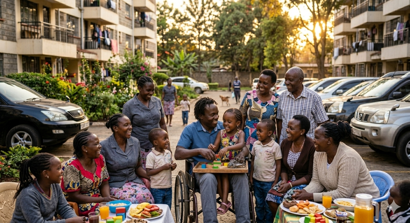Disabled Kenyan father with his family in an estate compound, showing strength and everyday life.