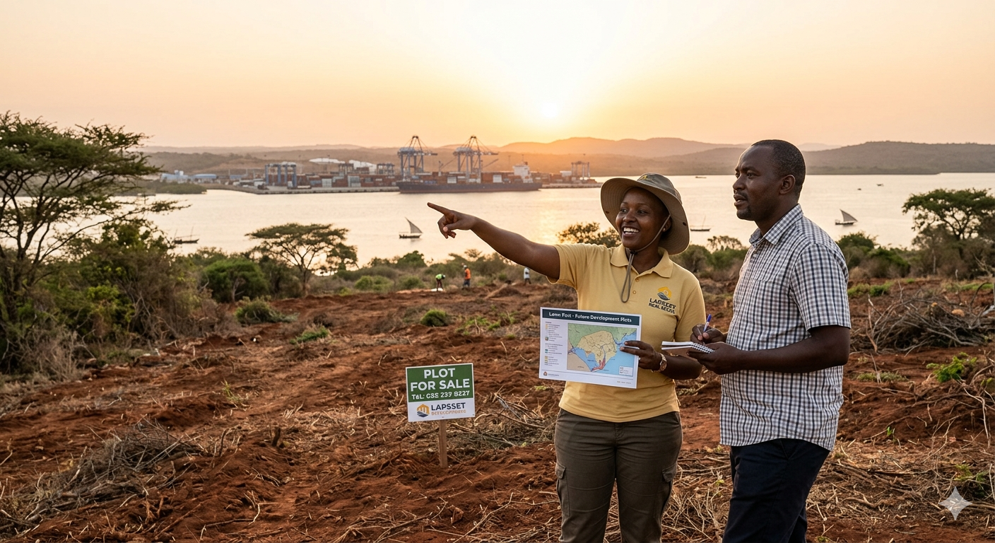 Real estate agent showing land plot near Lamu Port with port in distant background.