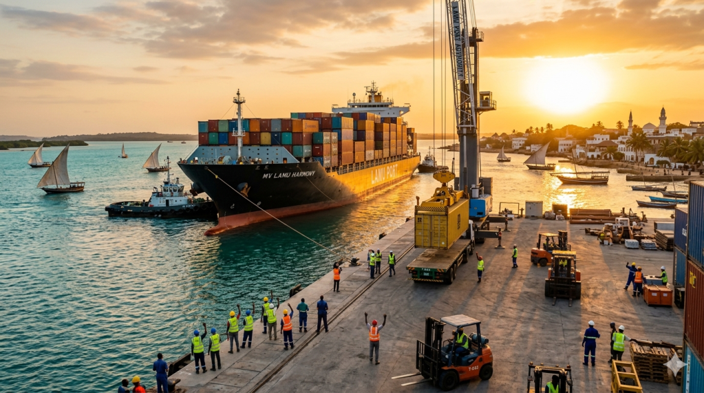 Large container ship docking at Lamu Port with excited workers on the pier, golden hour light.