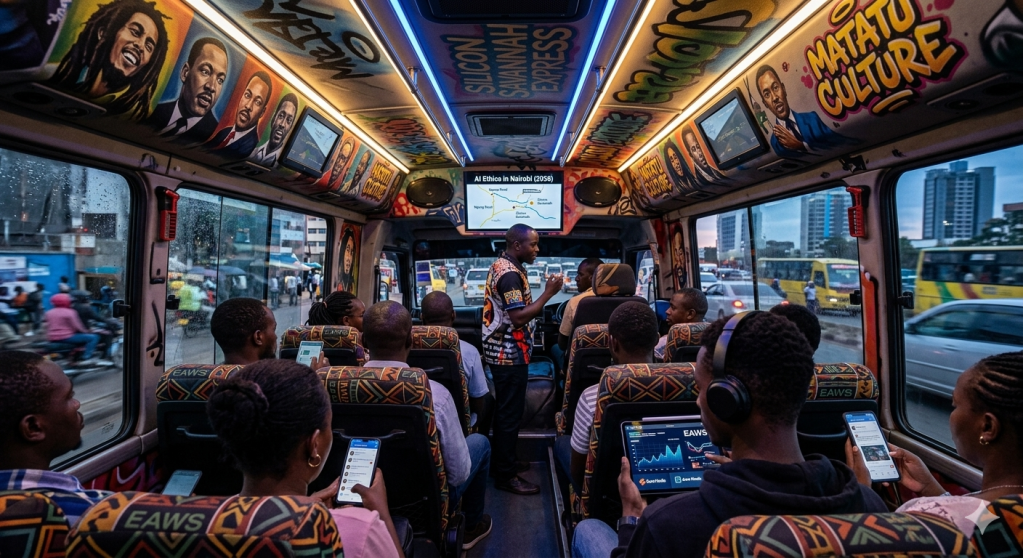 Vibrant interior of a Nairobi matatu in 2026, showing a crowded bus with diverse passengers seated and standing, walls and ceiling covered in colourful graffiti art featuring cultural icons like Bob Marley, Martin Luther King Jr., and Kenyan figures, overhead screens displaying “AI Ethics in Nairobi (2026)” with maps and data, blue LED lighting, and a lively urban commute atmosphere full of energy and community.