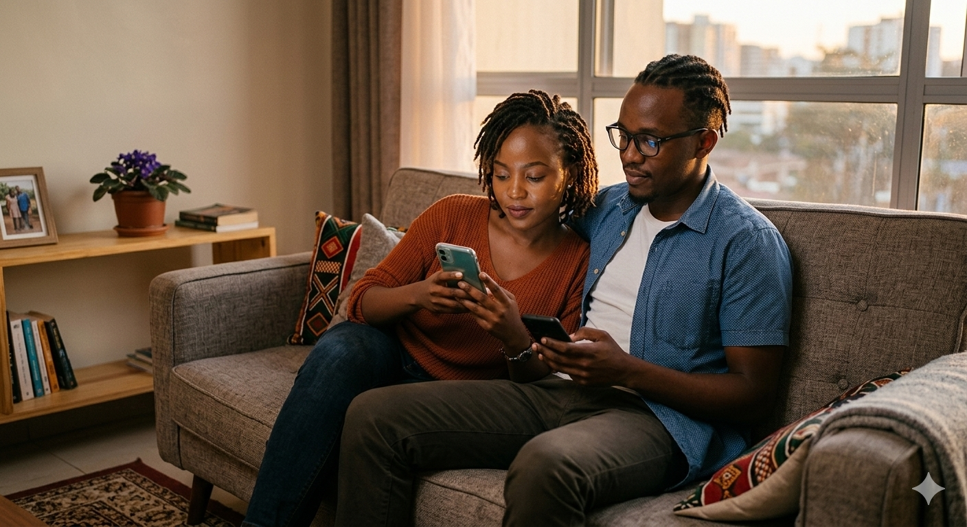 A professional photo of a young Kenyan couple on a sofa, looking at their phones in soft evening light.