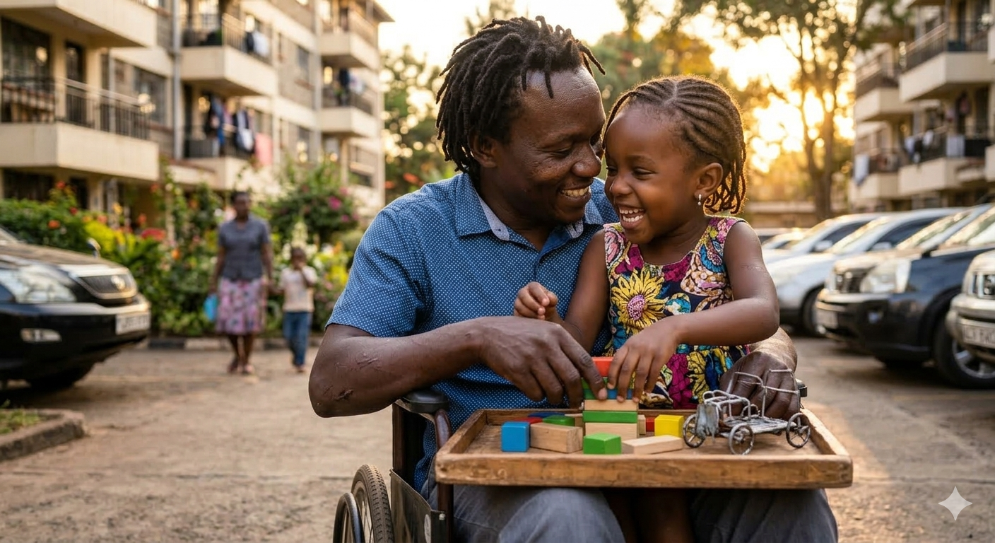 Kenyan disabled father playing with his child in an estate, showing everyday parenting joy despite disability.