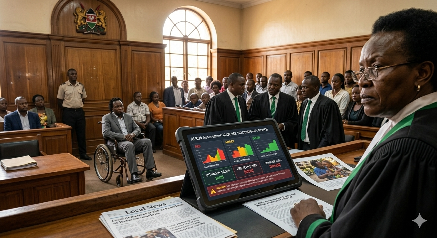 Symbolic image of AI tablet in a Kenyan courtroom with disabled father in background, representing bias in family law.