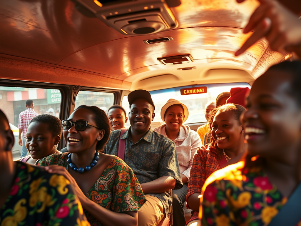 Ultra-realistic interior of a crowded Nairobi matatu in 2026 during evening commute: diverse Kenyan passengers seated closely on bright multicoloured patterned seats (red, yellow, green, blue geometric designs), walls and ceiling covered in vibrant graffiti art of cultural icons, large black speaker system mounted near the driver visibly pulsing with music, blue LED strip lighting casting cyan glow across faces and upholstery, warm sunset light filtering through windows, lively communal urban atmosphere.