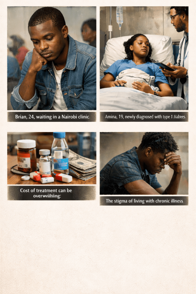 A young man named Brian, 24, sitting in a Nairobi clinic, looking pensive.