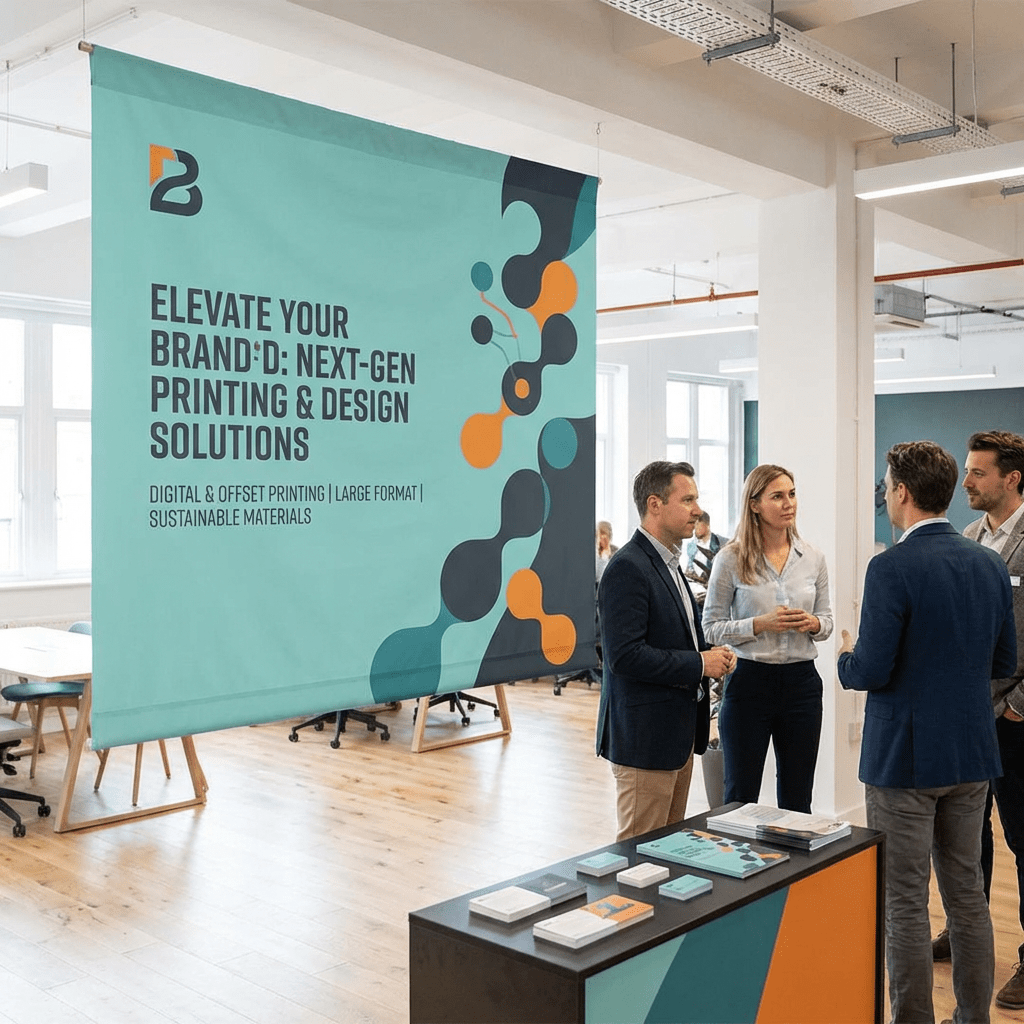 Large banner with 'ELEVATE YOUR BRAND'D: NEXT-GEN PRINTING & DESIGN SOLUTIONS' text and people talking.