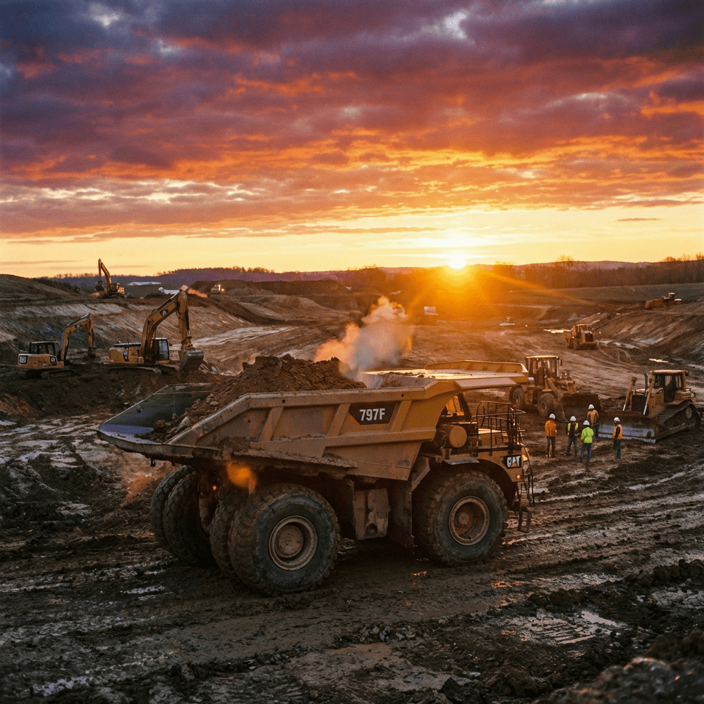 Large yellow haul truck loaded with steaming earth at a mining site during sunrise.