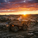 Large yellow haul truck loaded with steaming earth at a mining site during sunrise.