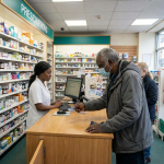 Pharmacist behind a counter labeled PRESCRIPTIONS assisting a masked customer with a payment card.