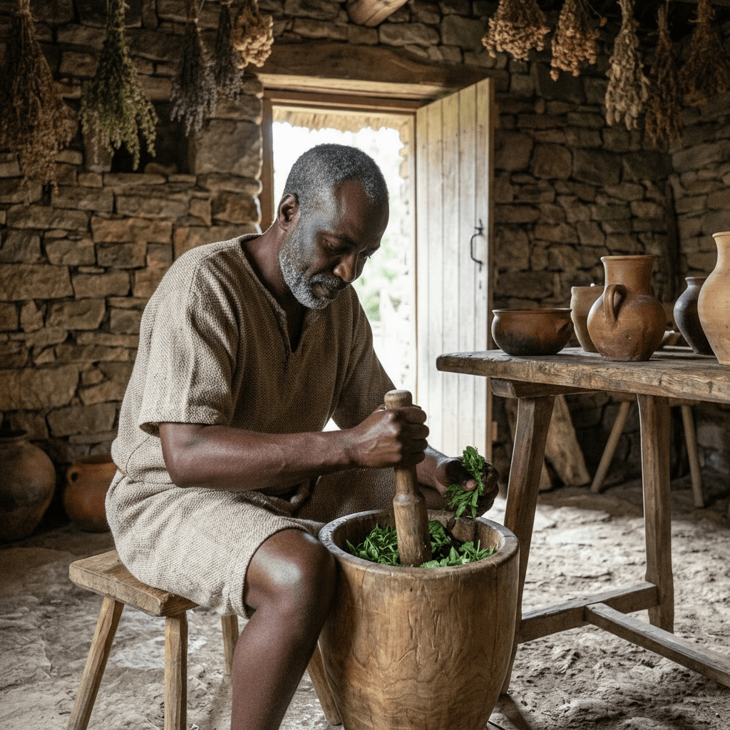 Elderly man grinding fresh green herbs in a large wooden mortar and pestle.