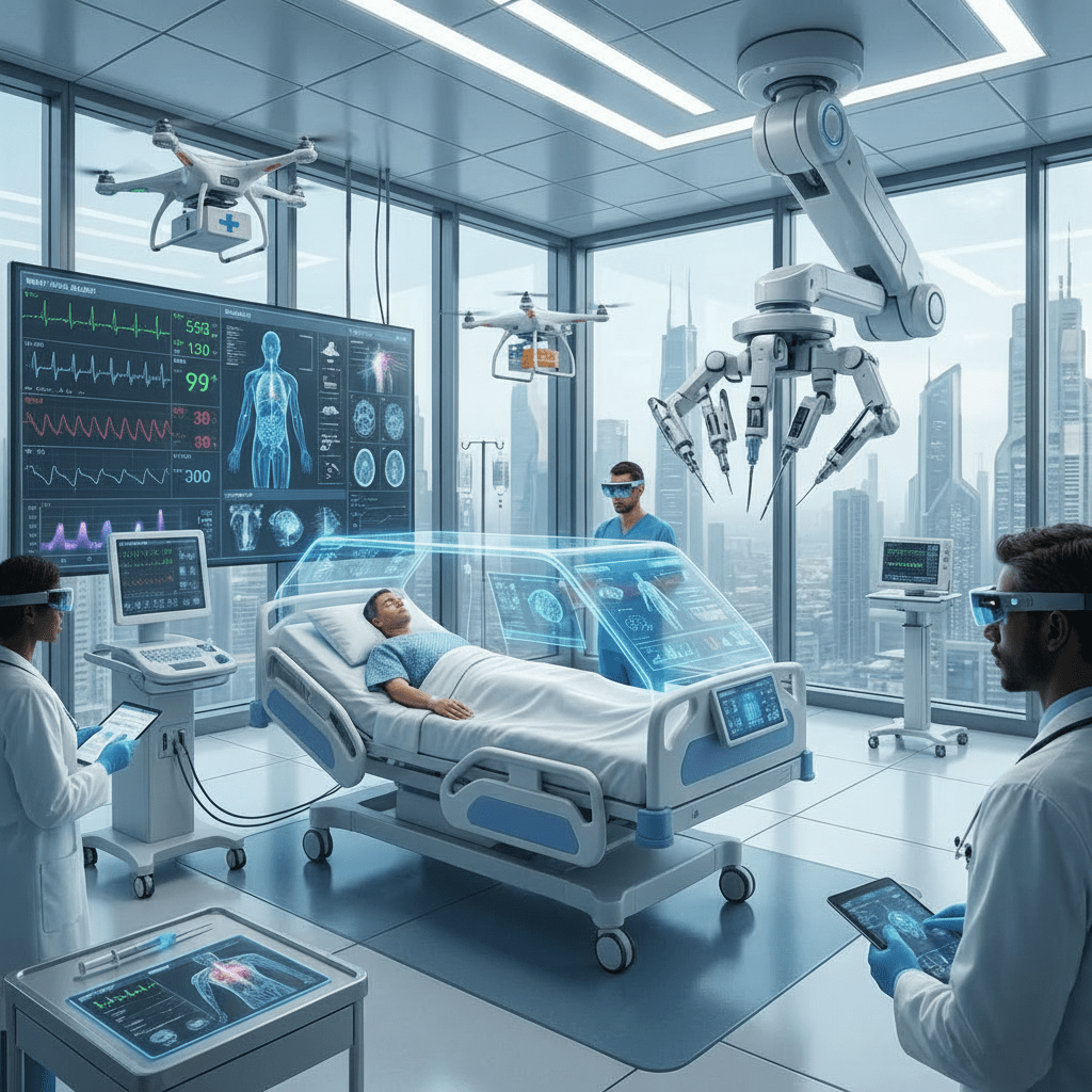 Doctors using robotics and digital displays to treat a patient in a futuristic hospital room.