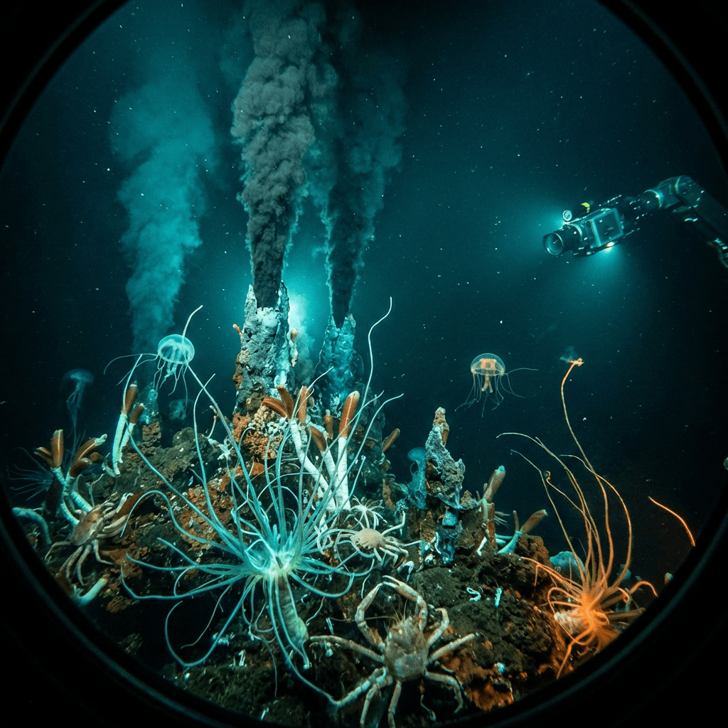 Hydrothermal vents emitting dark plumes surrounded by crabs, jellyfish, and anemones on the ocean floor.