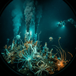 Hydrothermal vents emitting dark plumes surrounded by crabs, jellyfish, and anemones on the ocean floor.