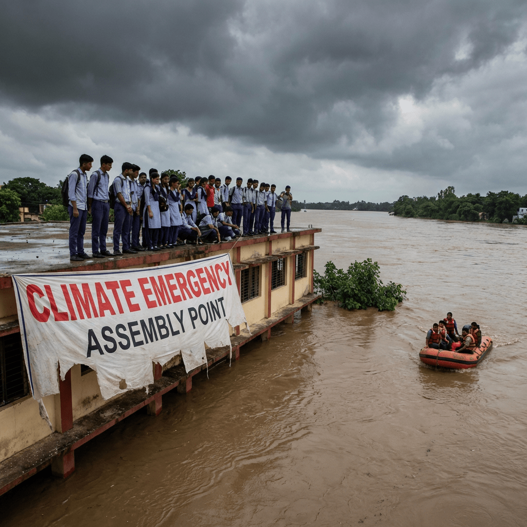 Students on a rooftop above floodwaters with a banner reading CLIMATE EMERGENCY ASSEMBLY POINT.