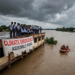 Students on a rooftop above floodwaters with a banner reading CLIMATE EMERGENCY ASSEMBLY POINT.