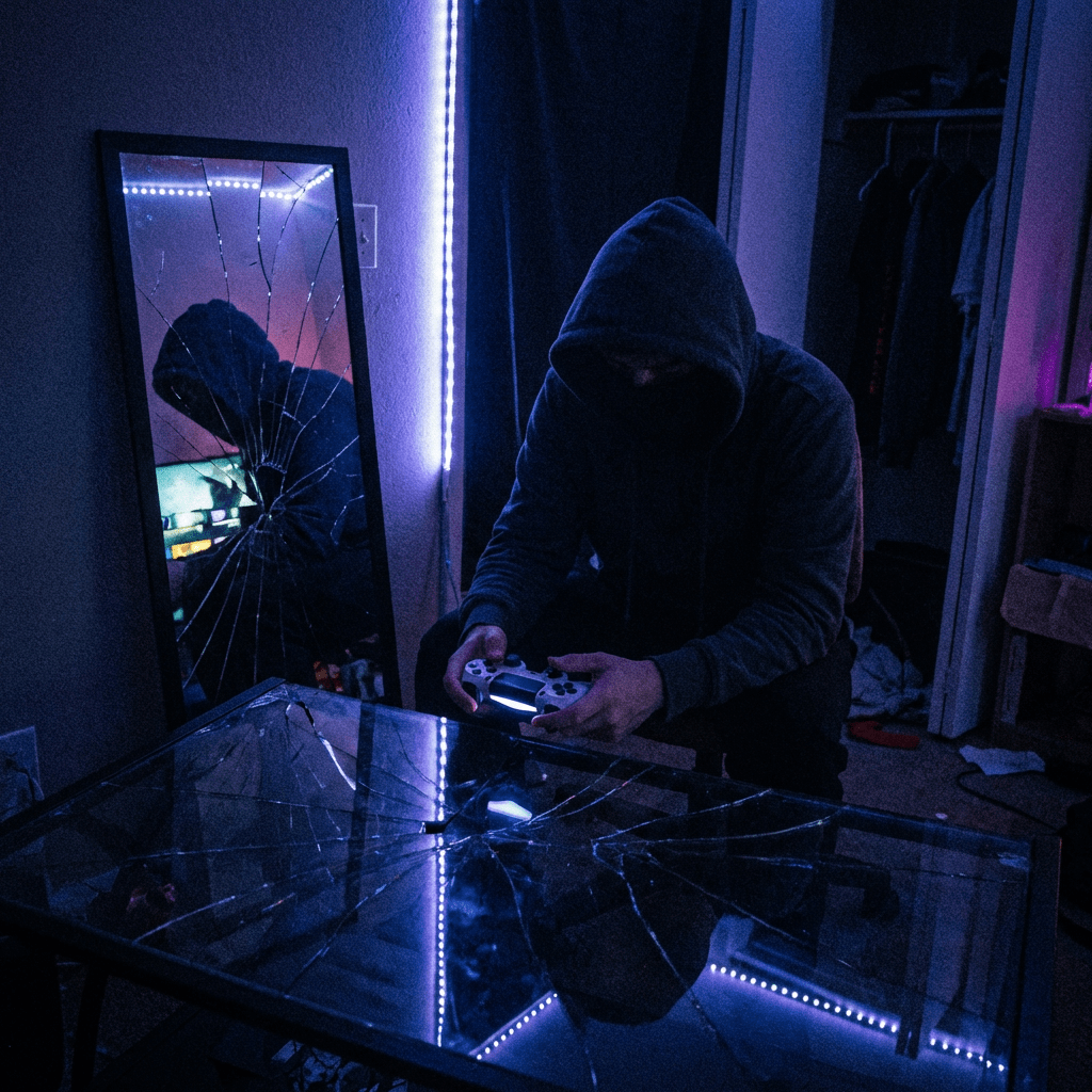 Hooded person holding a game controller in a room with shattered glass and purple lights.