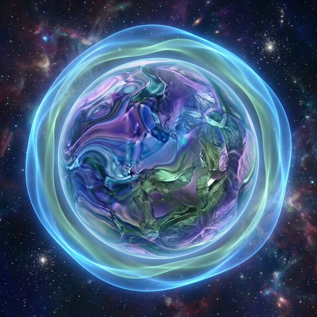Iridescent purple and green planet encased in a glowing blue energy field in space.