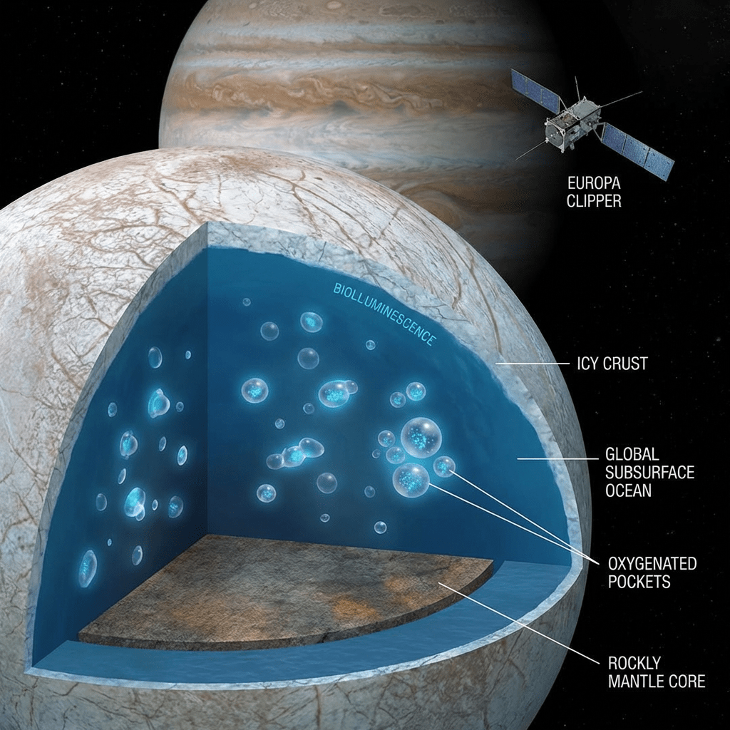 Cutaway diagram of Europa's layers and Europa Clipper. Text: EUROPA CLIPPER, ICY CRUST, GLOBAL SUBSURFACE OCEAN, OXYGENATED POCKETS, ROCKLY MANTLE CORE, BIOLUMINESCENCE.