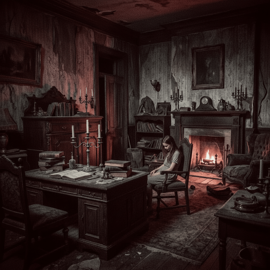 An eerie, dark vintage study with a desk, old books, and a fire in the hearth.