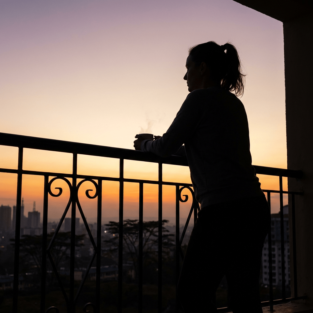 Woman silhouetted on a balcony at sunrise, holding a steaming mug.