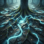 Glowing blue energy flows through mossy tree roots in a dark, misty forest setting.