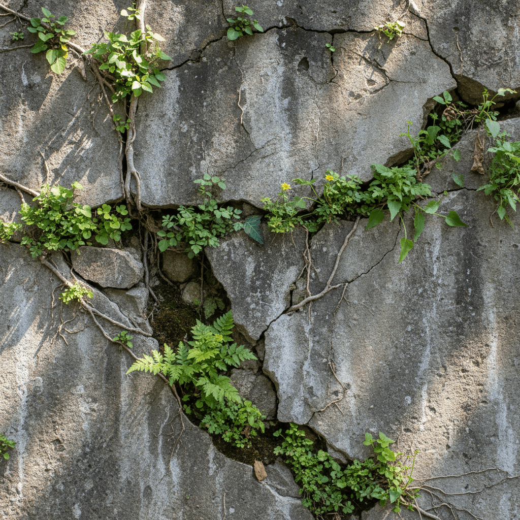 Green plants and ferns growing from deep cracks in a weathered gray stone wall.