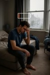 Man sitting barefoot on bed with head resting on hand below low battery icon