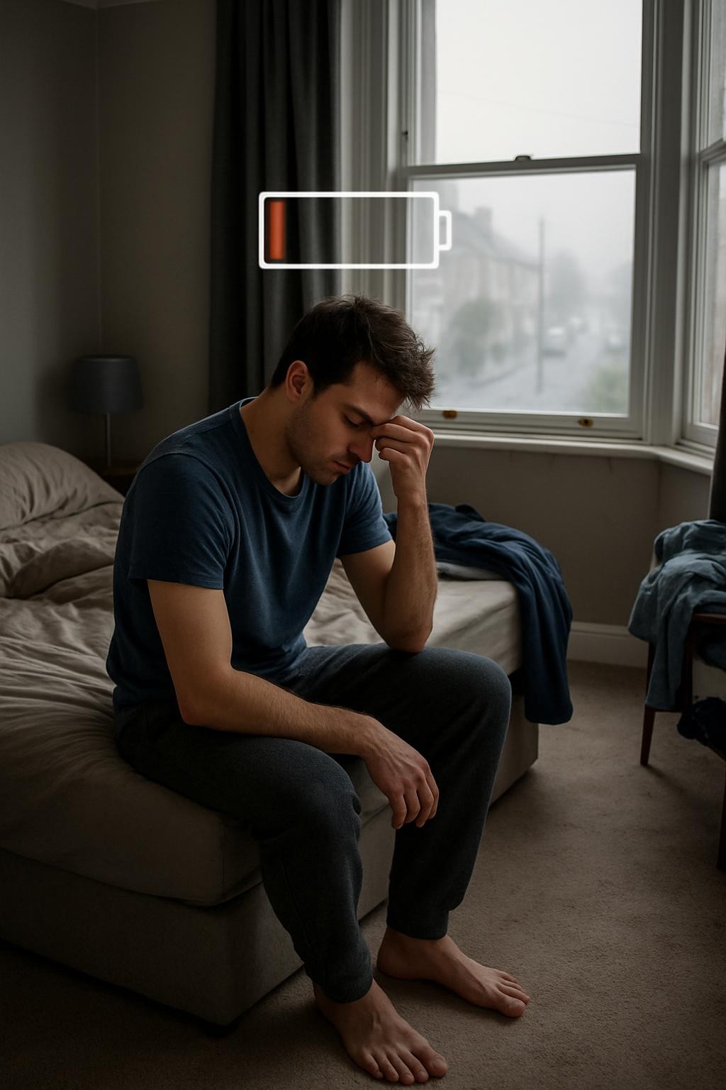 Man sitting barefoot on bed with head resting on hand below low battery icon