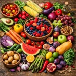 Assorted fresh fruits and vegetables including berries, corn, carrots, apples, grapes, avocado, and more