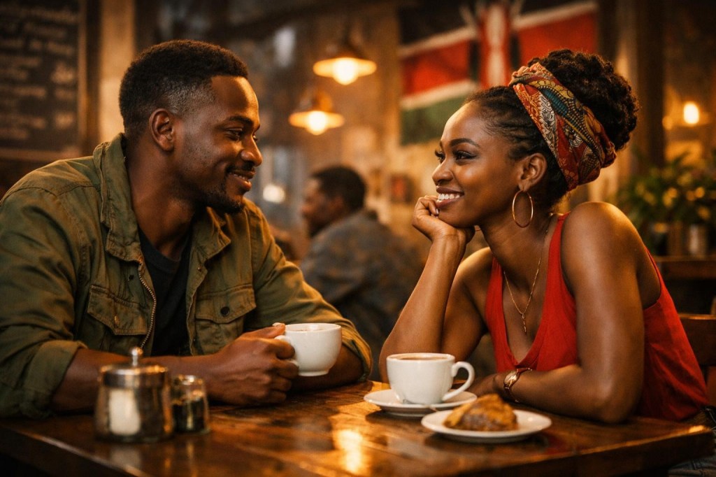 Man and woman sitting across a wooden table with coffee cups, smiling and talking