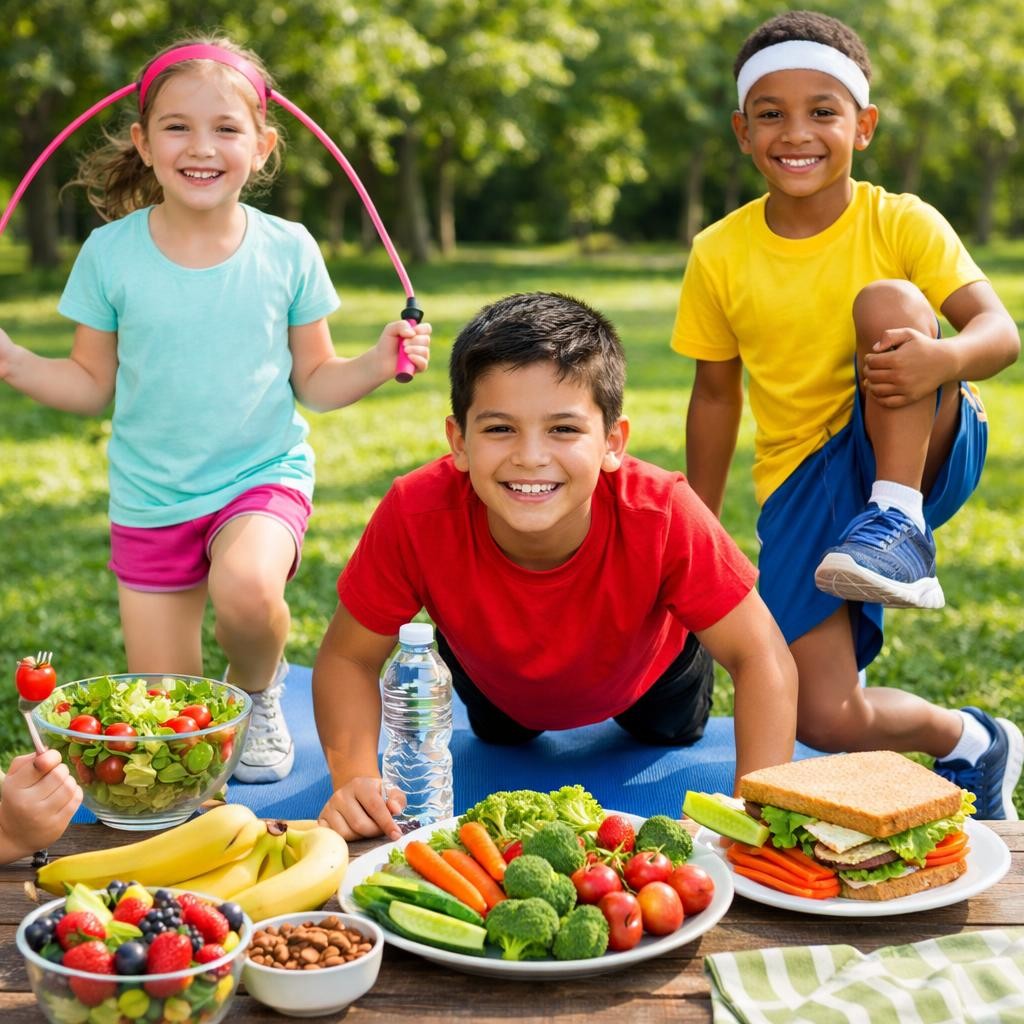 Three children outdoors with healthy fruits, vegetables, and a sandwich