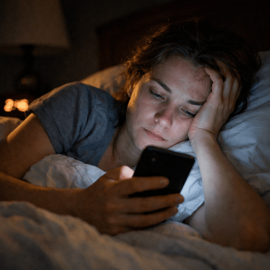 Woman lying in bed looking at smartphone with a tired expression