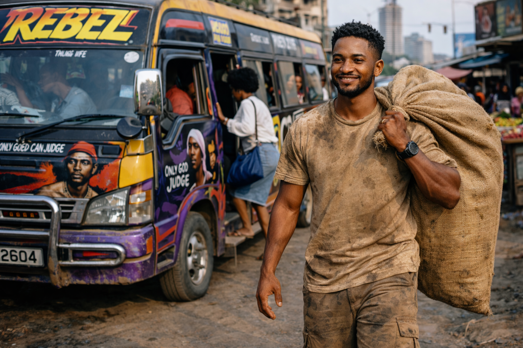 Man holding grocery bag and bottle next to decorated matatu minibus