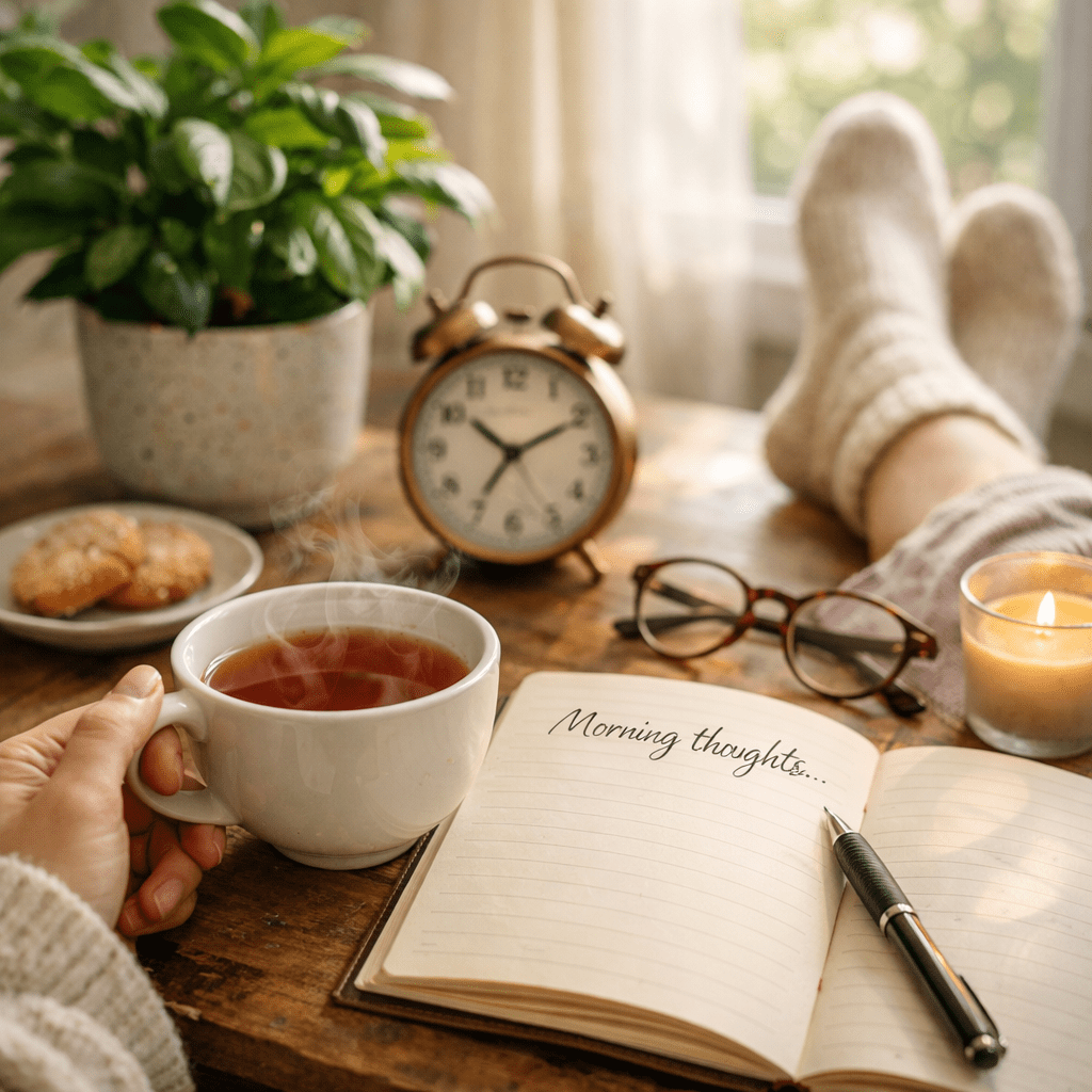 Hand holding a steaming cup of tea by an open notebook that says 'Morning thoughts...' with a pen, glasses, clock, cookies, and candle on a wooden table