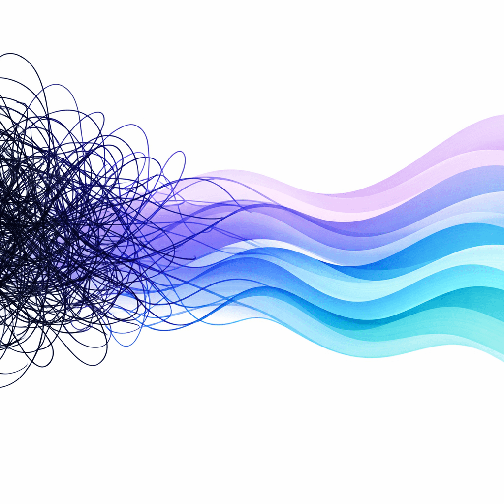 Chaotic black lines transitioning into smooth flowing blue and purple waves