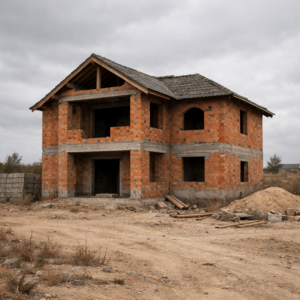 Unfinished two-story brick house with exposed walls and window openings