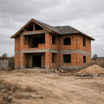 Unfinished two-story brick house with exposed walls and window openings