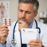 Doctor holding red and white capsules and a prescription form