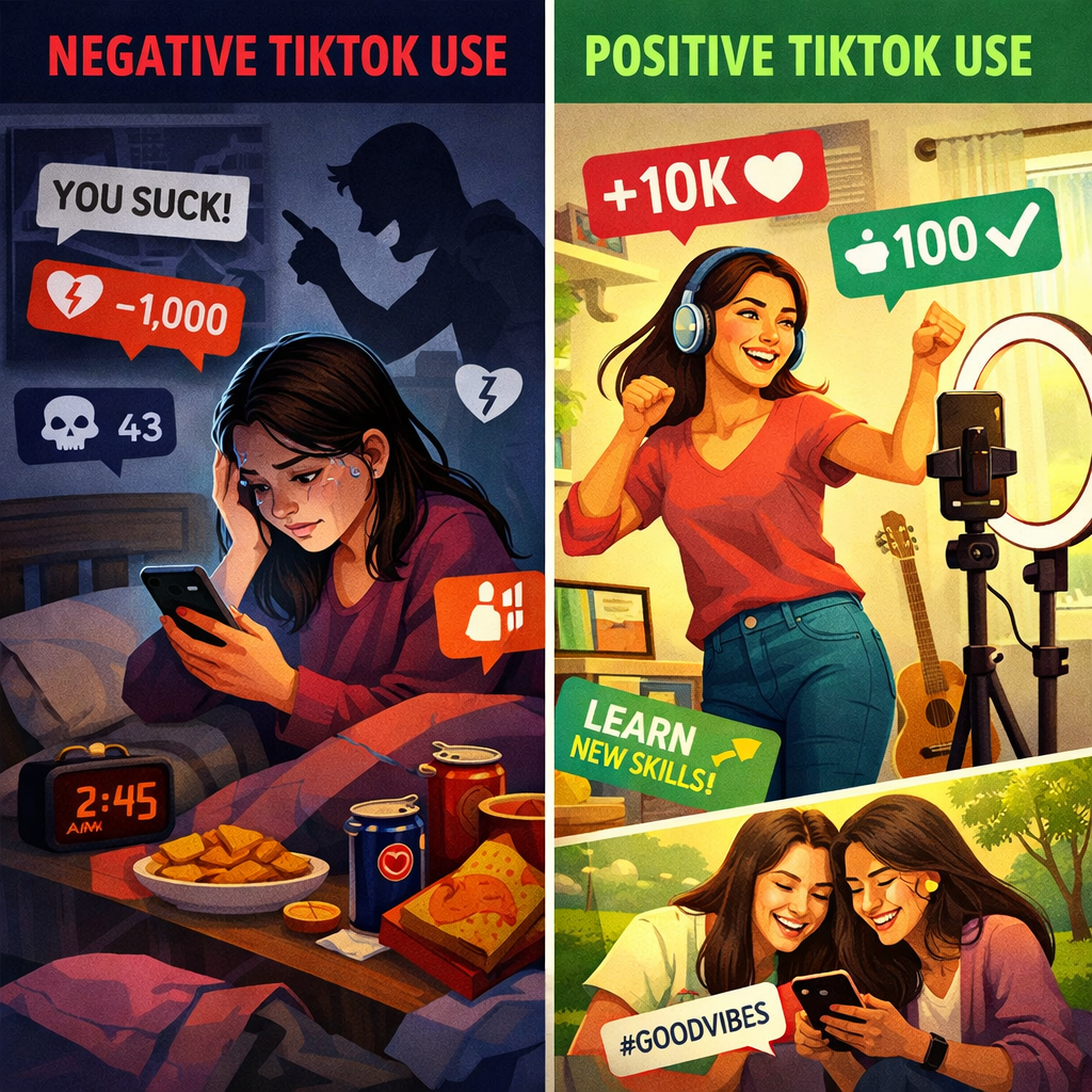 Side-by-side images showing a sad girl affected by negative TikTok comments and a happy girl enjoying positive TikTok engagement.