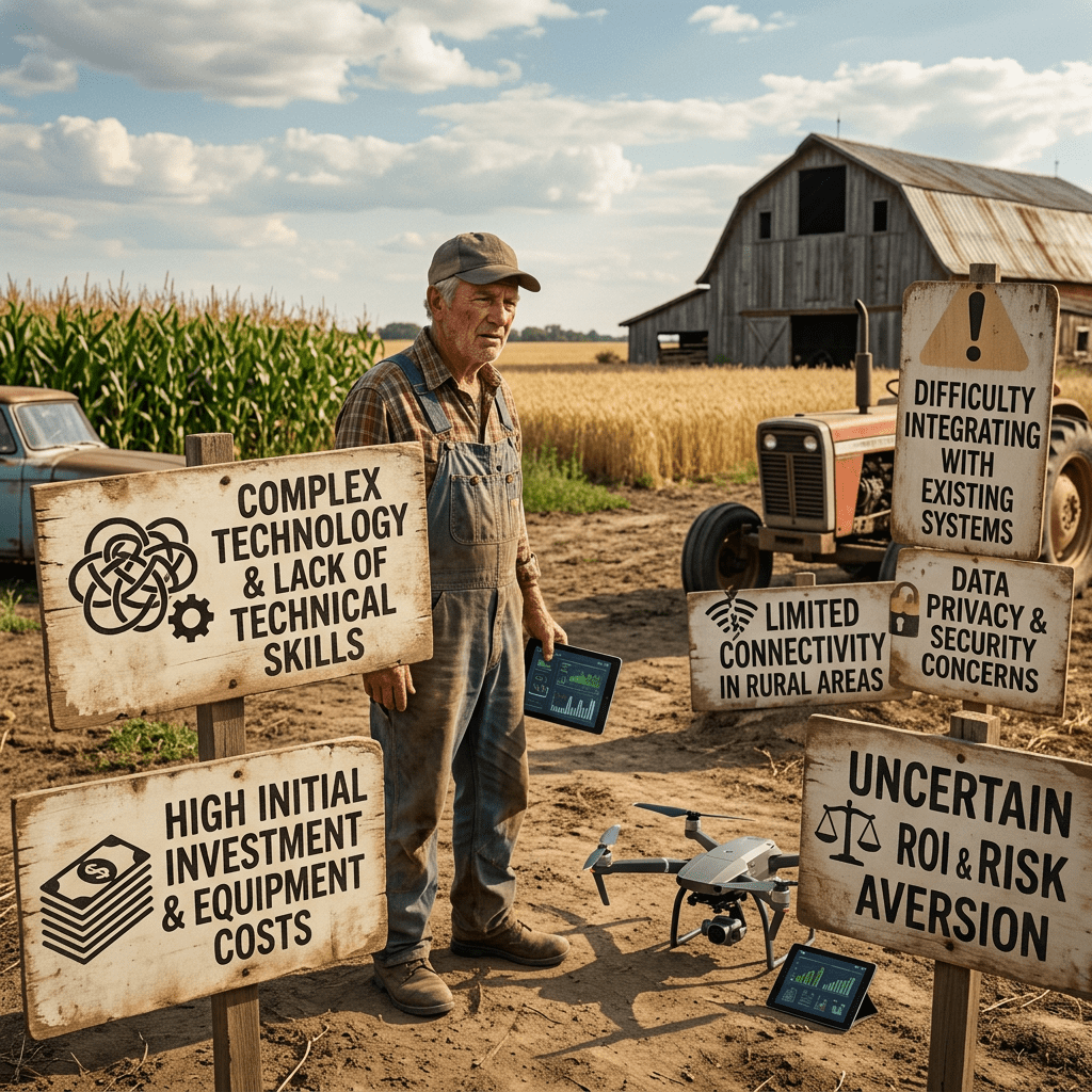 Farmer standing next to signs listing challenges of farm technology adoption with drone and tablet devices