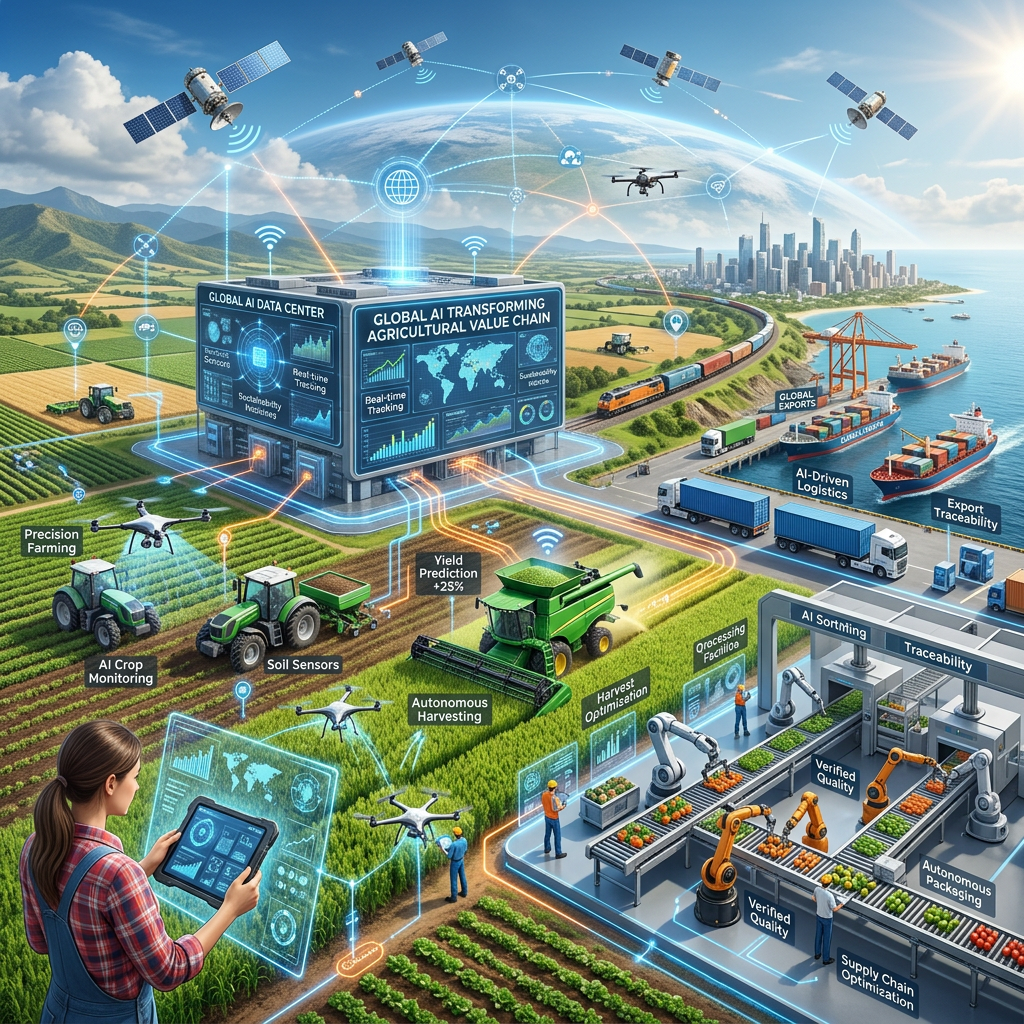 Illustration of AI-integrated agriculture featuring drones, autonomous tractors, AI data center, robotic processing, and export logistics